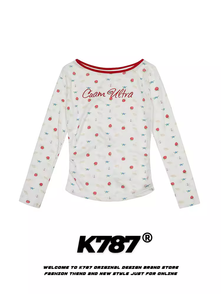Áo ngắn thêu dâu tây K787 phong cách sexy dành cho nữ, kiểu dáng BM tay áo thường, chất liệu hơi mỏng, áo kiểu lười dáng ôm eo, áo thun dài tay.