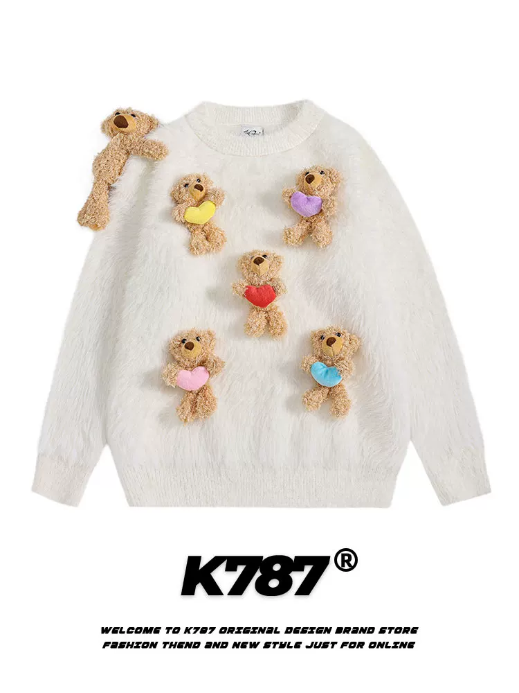 K787 Dopamine Fun Bear Mặt dây chuyền áo len dệt kim dành cho nữ Áo len màu trắng phong cách đại học Dopamine cổ điển của Mỹ