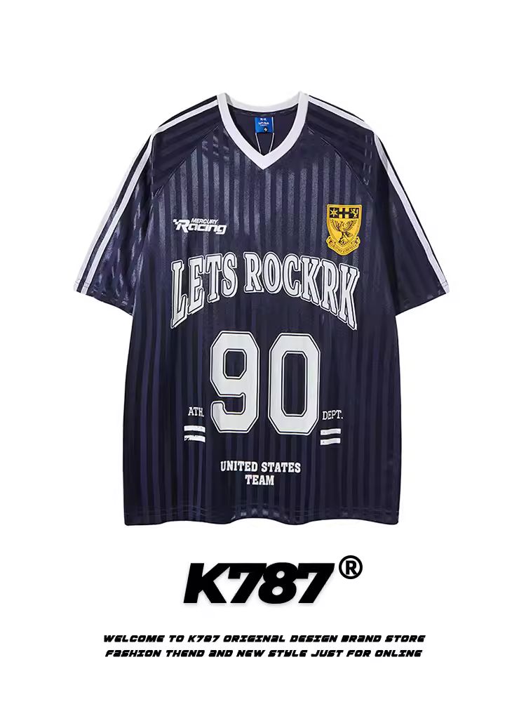 K787 Áo thun ngắn tay kiểu Mỹ cổ điển sọc blokecore unisex thể thao đa năng cổ chữ V áo thun cặp đôi