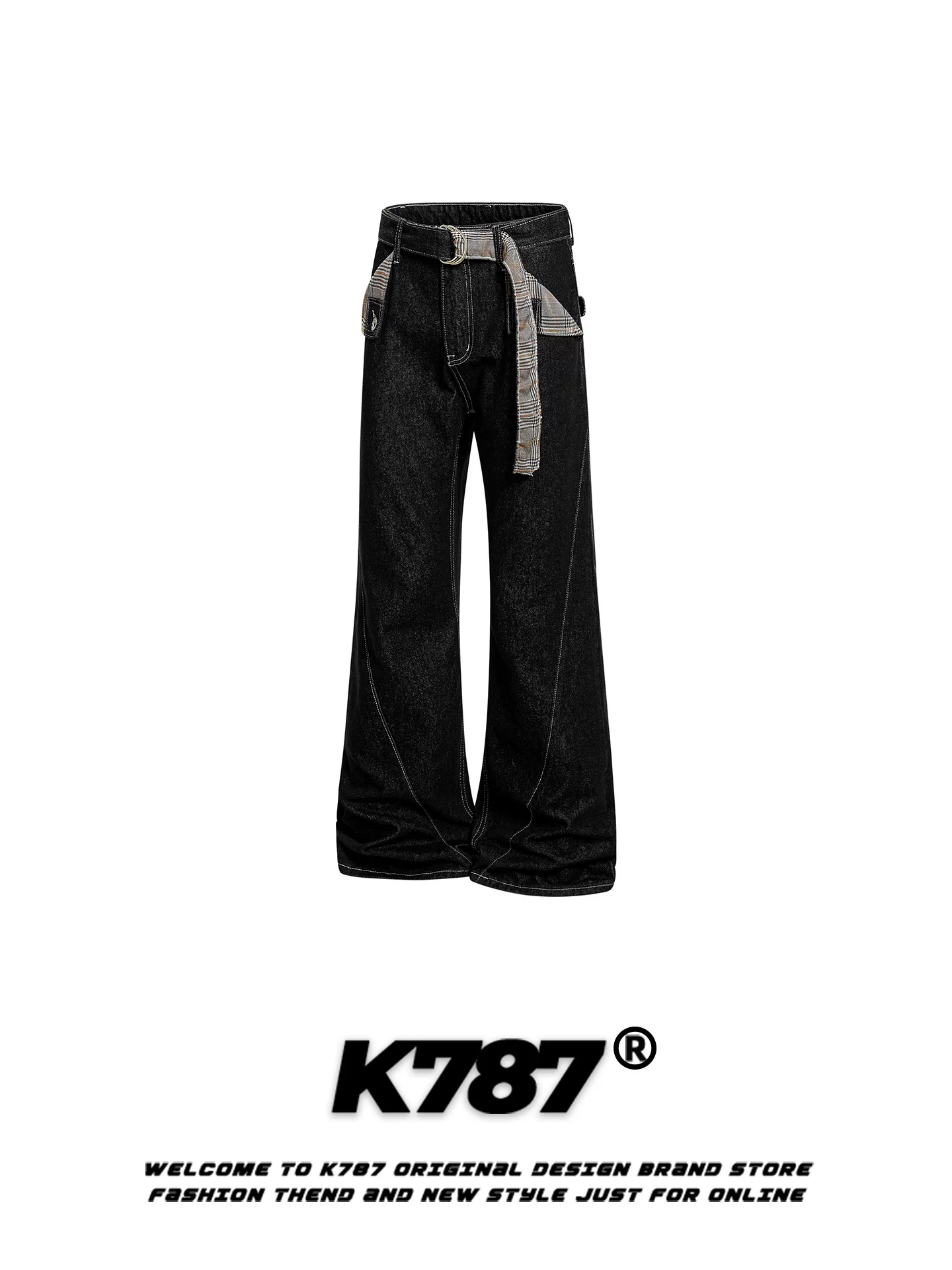 Quần ống loe họa tiết răng cưa kiểu Mỹ cổ điển K787, unisex, dáng rộng, tôn dáng, thời trang, cạp cao, dài chấm đất