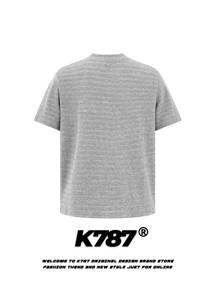 K787 Áo thun ngắn tay cleanfit họa tiết tối giản theo phong cách retro của Mỹ dành cho nam và nữ với áo trễ vai thường xuyên có họa tiết sọc jacquard rỗng