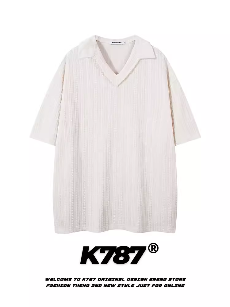 K787 Áo sơ mi POLO họa tiết tối màu phong cách retro Mỹ dành cho nam và nữ, áo thun ngắn tay cổ chữ V đa năng, dáng rộng, phong cách đường phố