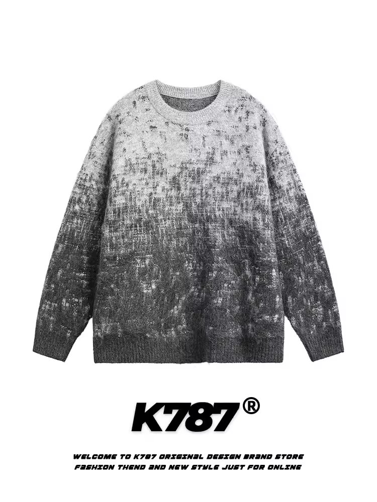 Áo len cổ tròn màu gradient cổ điển kiểu Mỹ K787 dành cho nam và nữ, phong cách lười biếng, áo len dáng rộng, đa năng, hợp thời trang