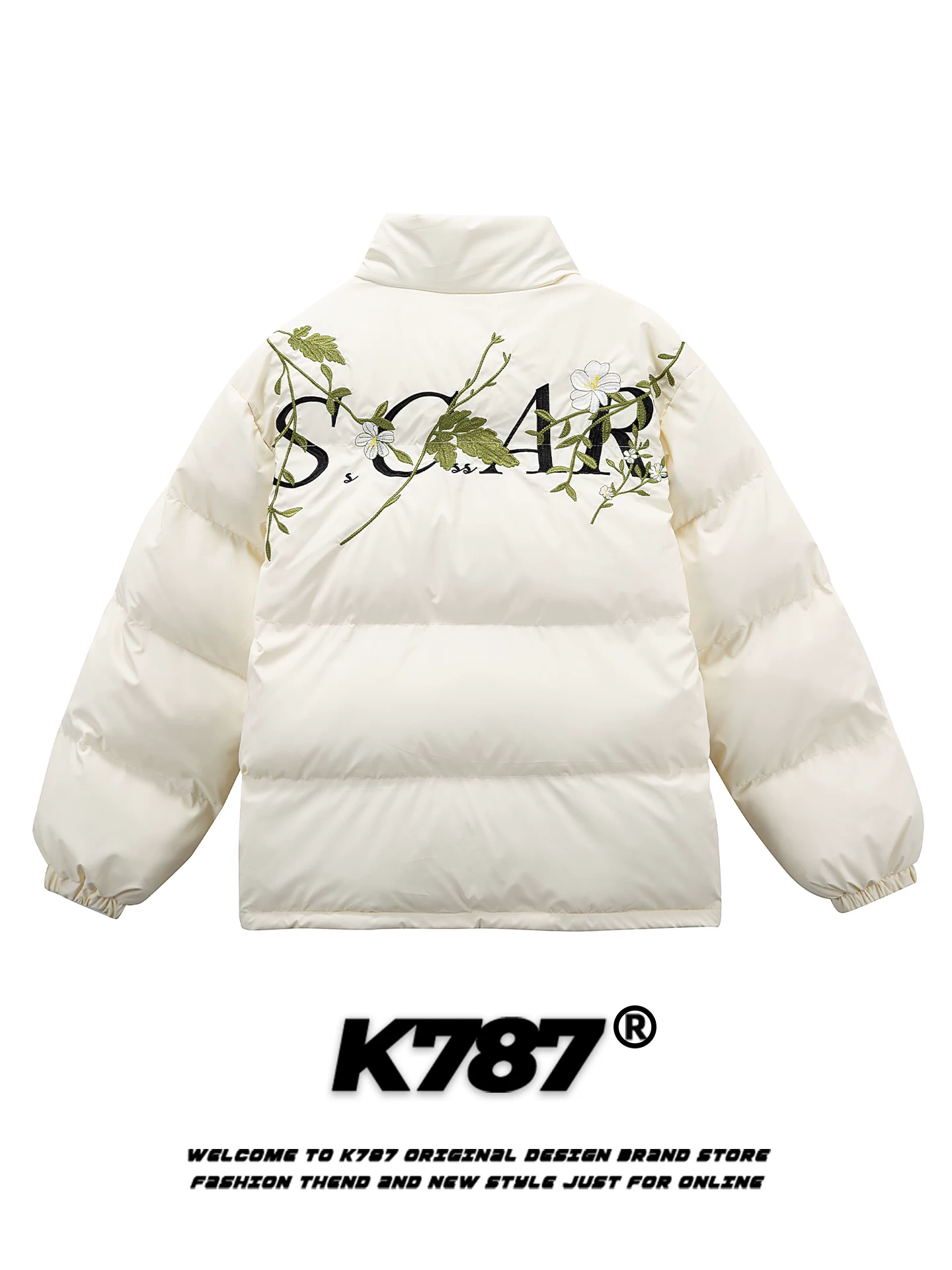 Áo khoác cotton cổ đứng thêu hoa kiểu Mỹ cổ điển K787 dành cho nam và nữ, dày dặn và ấm áp cho mùa đông, áo khoác cotton có khóa kéo dành cho cặp đôi.