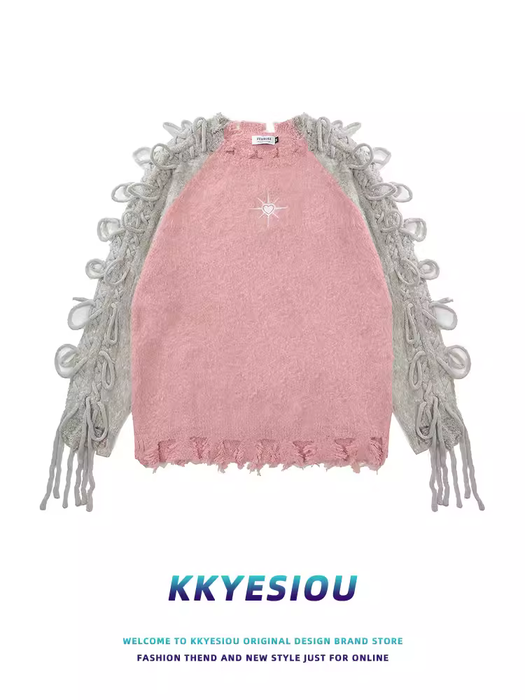 Áo len nữ thiết kế độc đáo KKyesiou, tay raglan, chất liệu dệt kim, phối ren Pháp, tua rua, kiểu dáng xù xì.