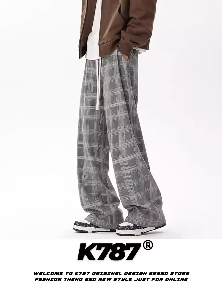 Quần thể thao nam chất liệu vải gân kẻ caro kiểu dáng K787, quần ống rộng lưng cao phong cách đại học đa năng