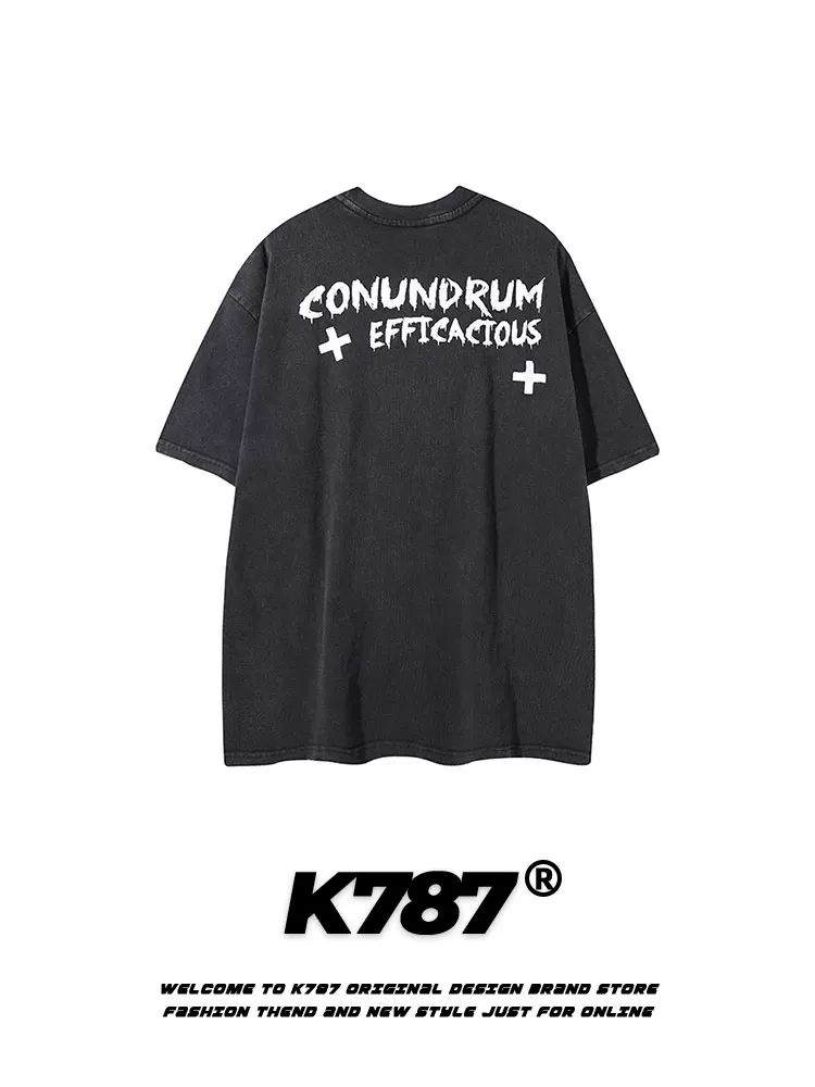 K787 Áo thun ngắn tay phong cách hip-hop cổ điển kiểu Mỹ đã qua xử lý làm cũ dành cho nam và nữ, áo thun cặp đôi ngoại cỡ