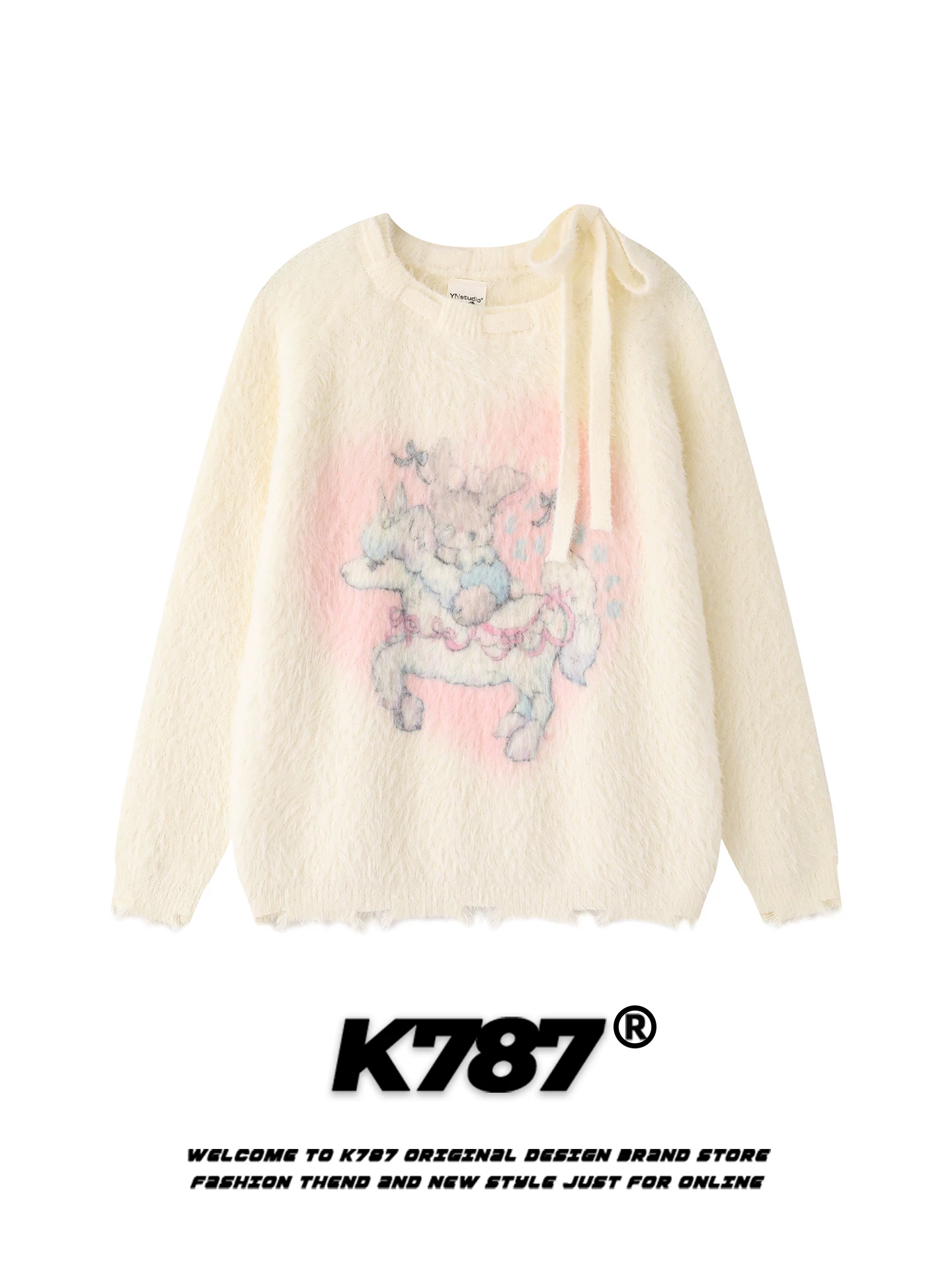 Áo len cổ tròn kiểu Nhật K787 họa tiết hoạt hình dệt jacquard, phong cách preppy, viền tua rua, chất liệu dệt kim, dành cho nữ.
