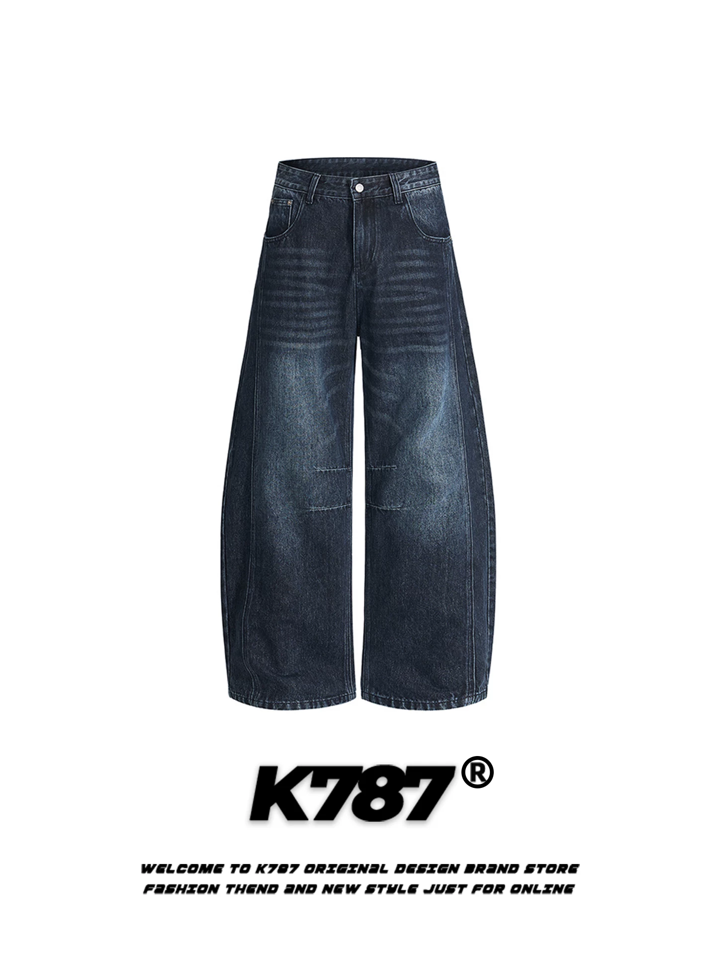 Quần jeans denim kiểu Mỹ cổ điển K787, dáng rộng, cạp cao, ống rộng, đường may lộ, phong cách đường phố, dành cho nam và nữ
