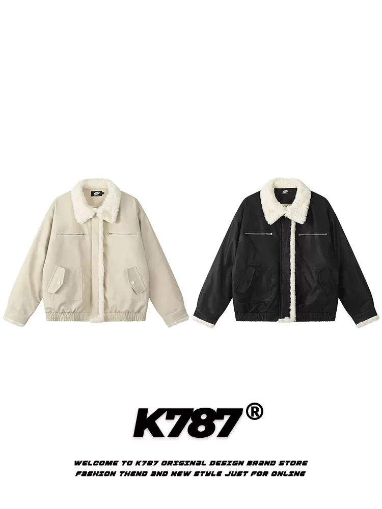 Áo khoác cotton dày dặn phối lông PU cổ lông K787 dành cho nam và nữ, màu trơn, phong cách Mỹ cổ điển, áo khoác mùa đông dành cho cặp đôi