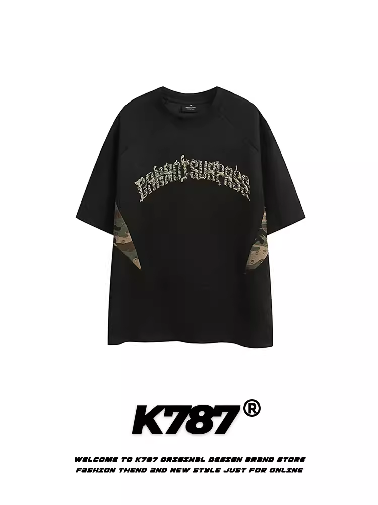 K787 Áo thun ngắn tay phong cách retro Mỹ, phối họa tiết rằn ri thêu, kiểu dáng unisex, rộng rãi, phong cách công sở, tay lửng