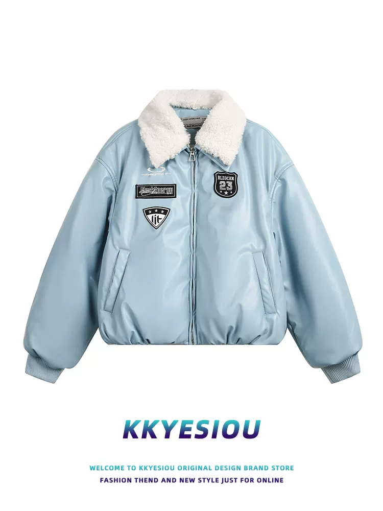 K787 Phong cách retro của Mỹ thương hiệu áo khoác ngắn cổ lông thêu unisex áo khoác da cotton đường phố cao cấp mát mẻ