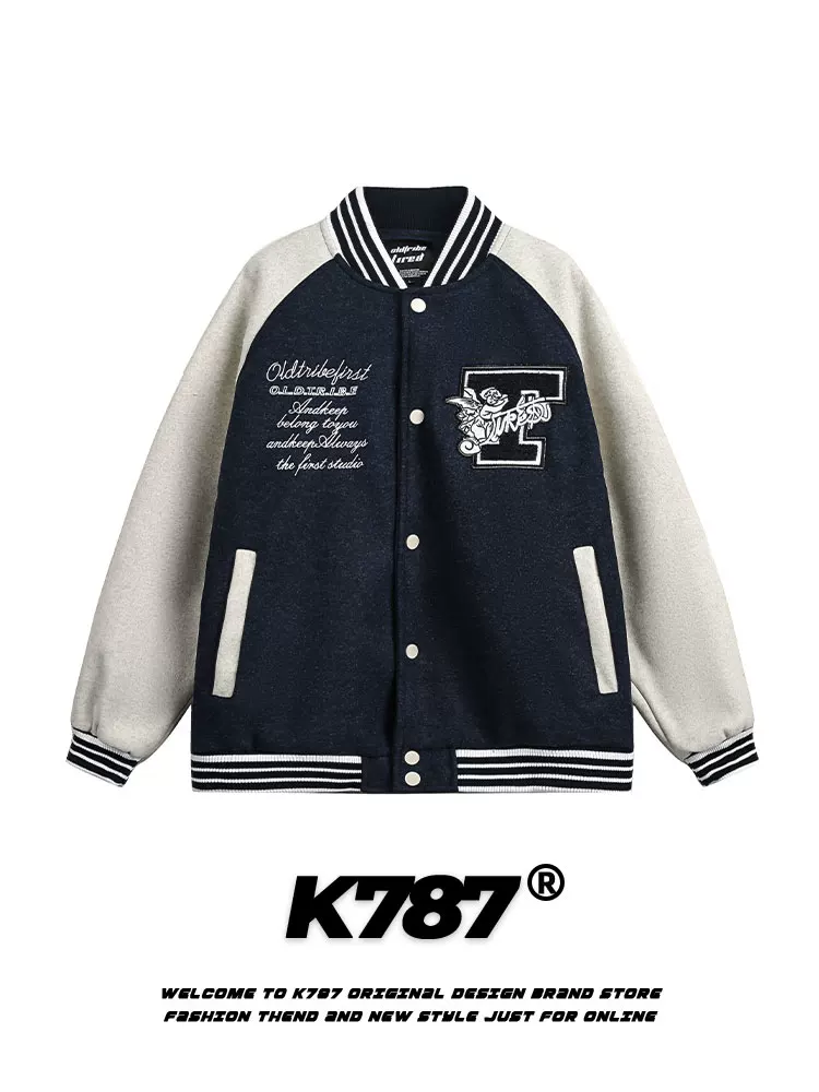 Áo khoác bóng chày thêu phong cách retro Mỹ K787, unisex, phối màu, phong cách đại học, mùa xuân 2025, áo khoác đôi