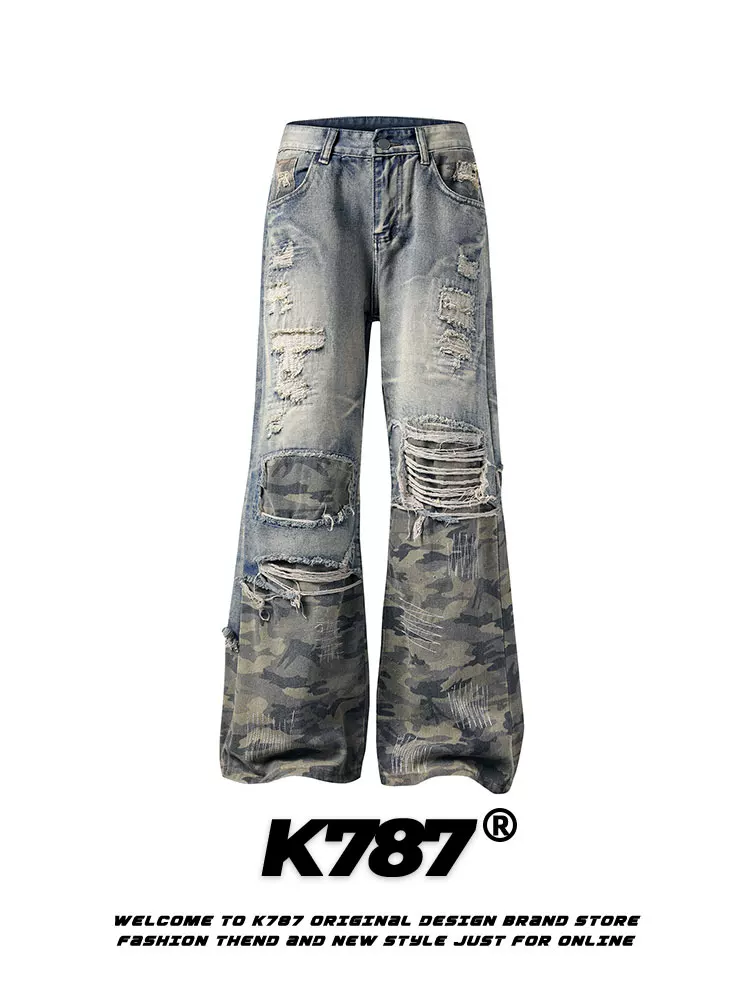 Quần jeans unisex dáng rộng, cạp cao, ống thẳng, phong cách hip-hop, họa tiết rằn ri phối vải vụn kiểu retro Mỹ K787