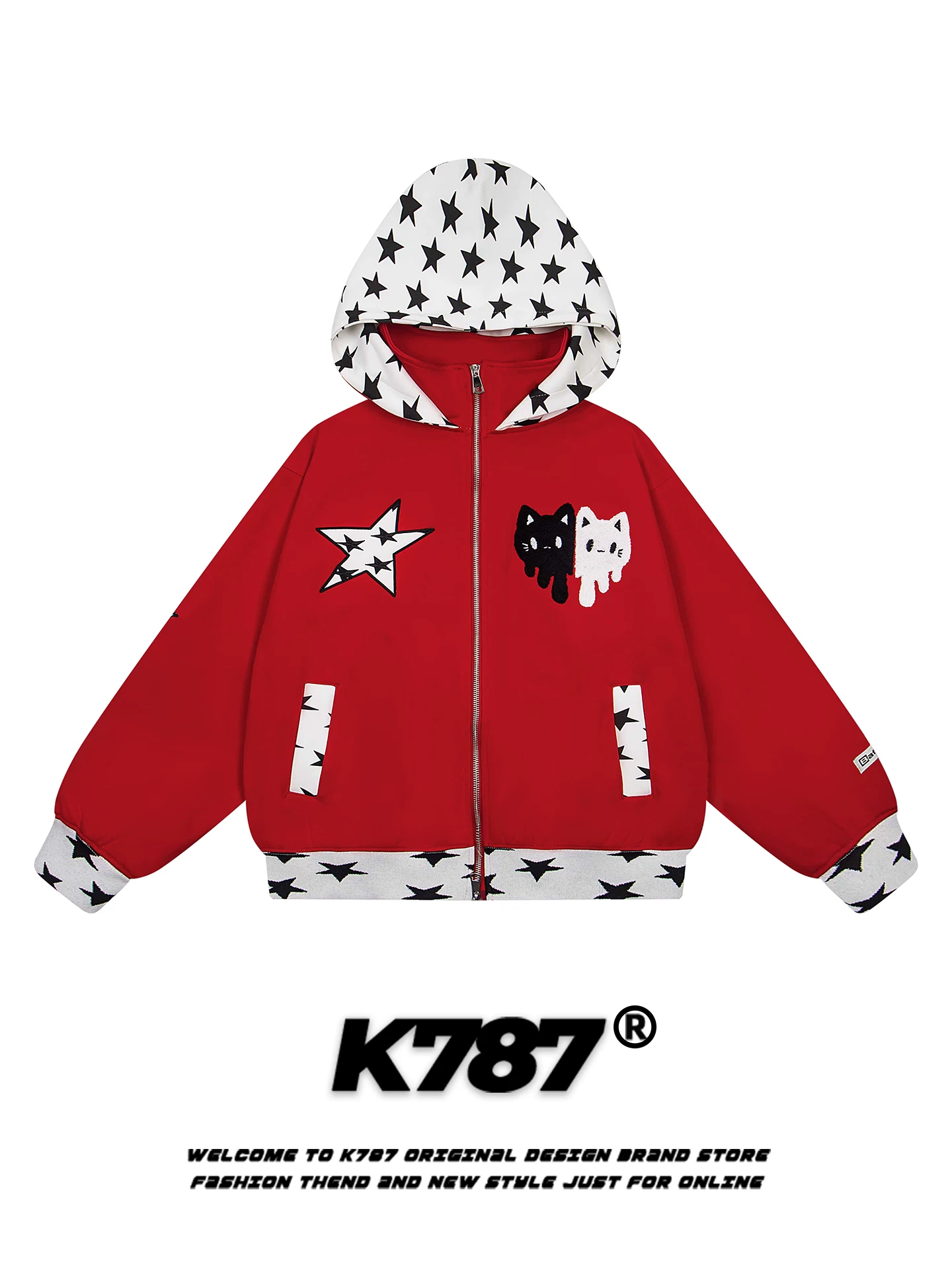 Áo hoodie thêu hình mèo retro Mỹ K787, kiểu dáng unisex, rộng rãi, màu đỏ, áo khoác đôi có khóa kéo