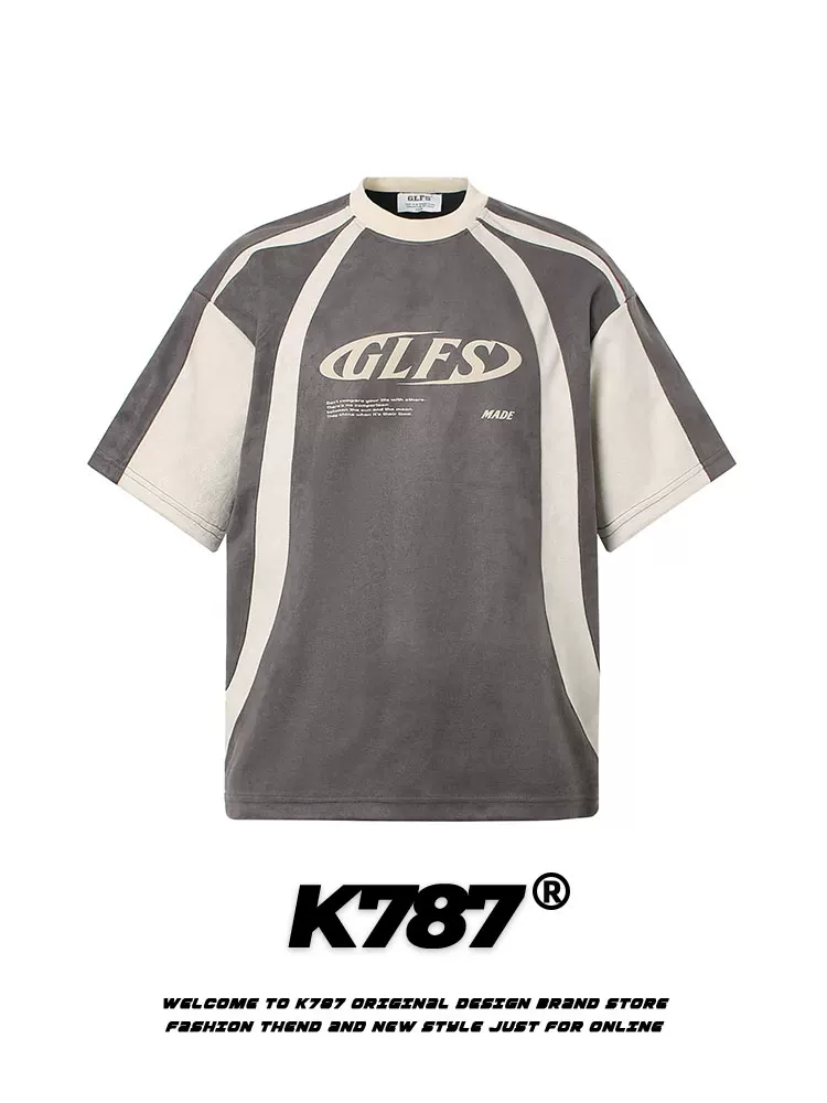 K787 Áo thun ngắn tay da lộn phong cách retro kiểu Mỹ dành cho nam và nữ thiết kế cổ điển áo đôi