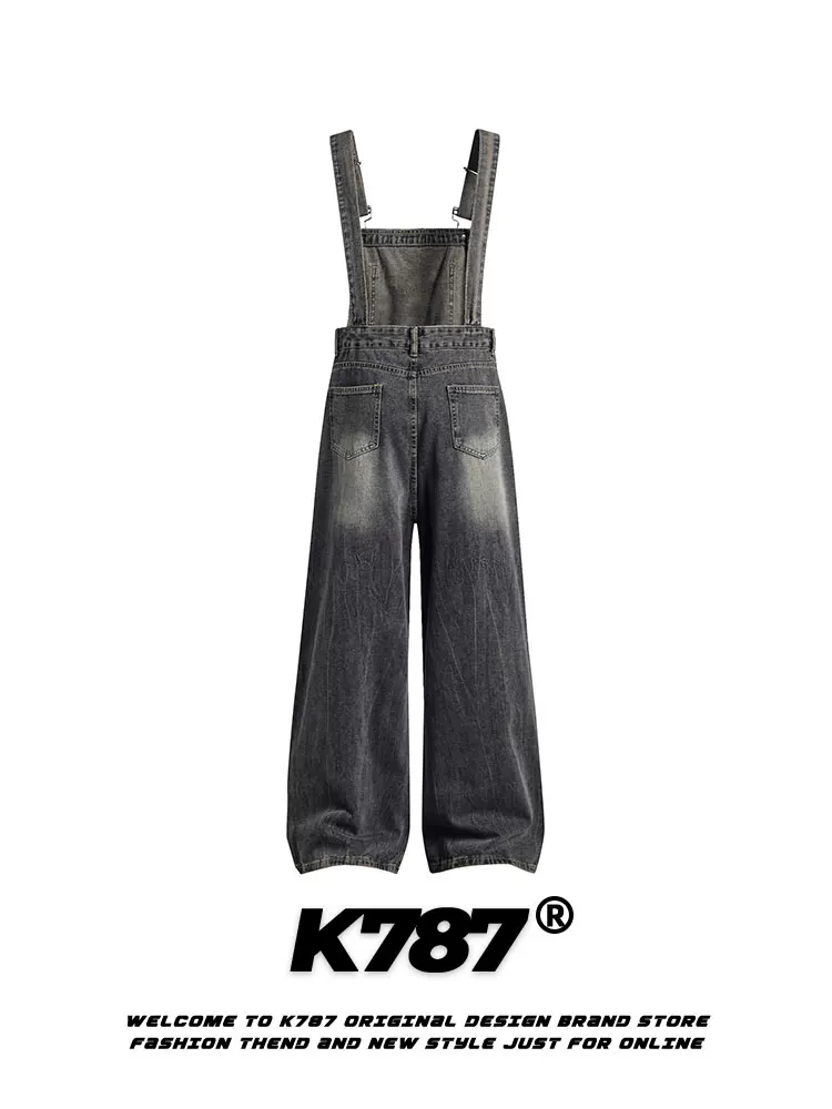 Quần yếm denim kiểu Mỹ cổ điển K787 dành cho nam và nữ, phong cách lười biếng, quần jumpsuit ống rộng dáng thẳng, thoải mái