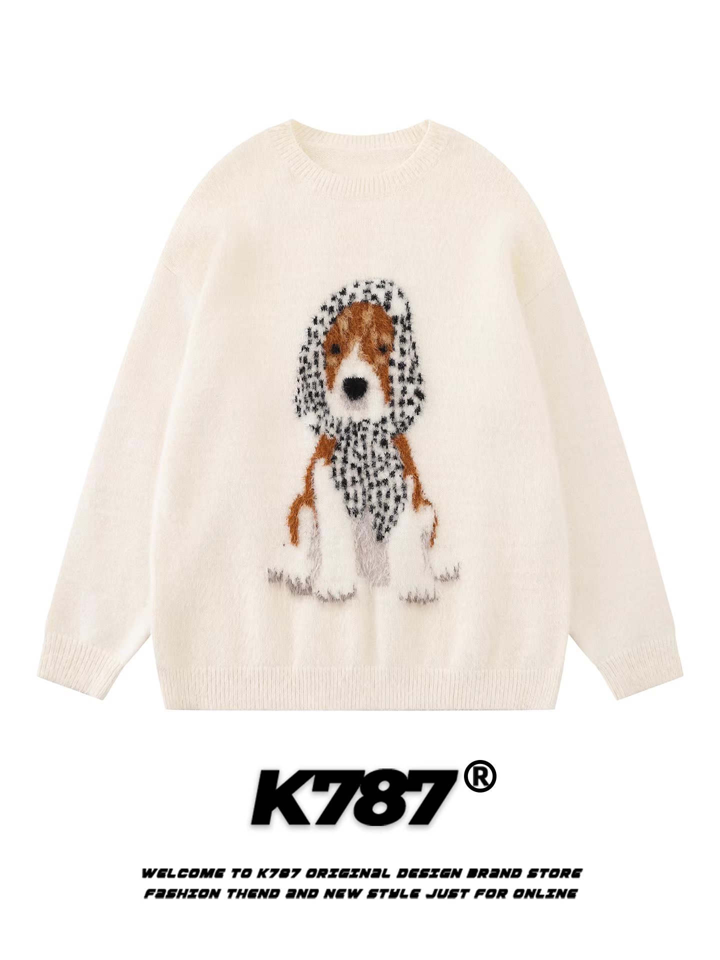 Áo len cổ tròn hình chú chó hoạt hình phong cách đường phố Mỹ K787 dành cho nam và nữ, phong cách lười biếng, dáng rộng, giản dị, áo khoác đôi đa năng
