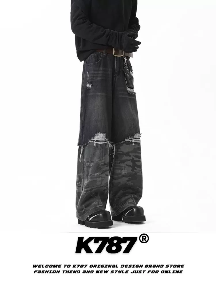 Quần jeans ống thẳng kiểu dáng casual phối họa tiết hip-hop Mỹ K787, thiết kế giả hai mảnh, họa tiết rằn ri, thêu nổi, dành cho nam và nữ.