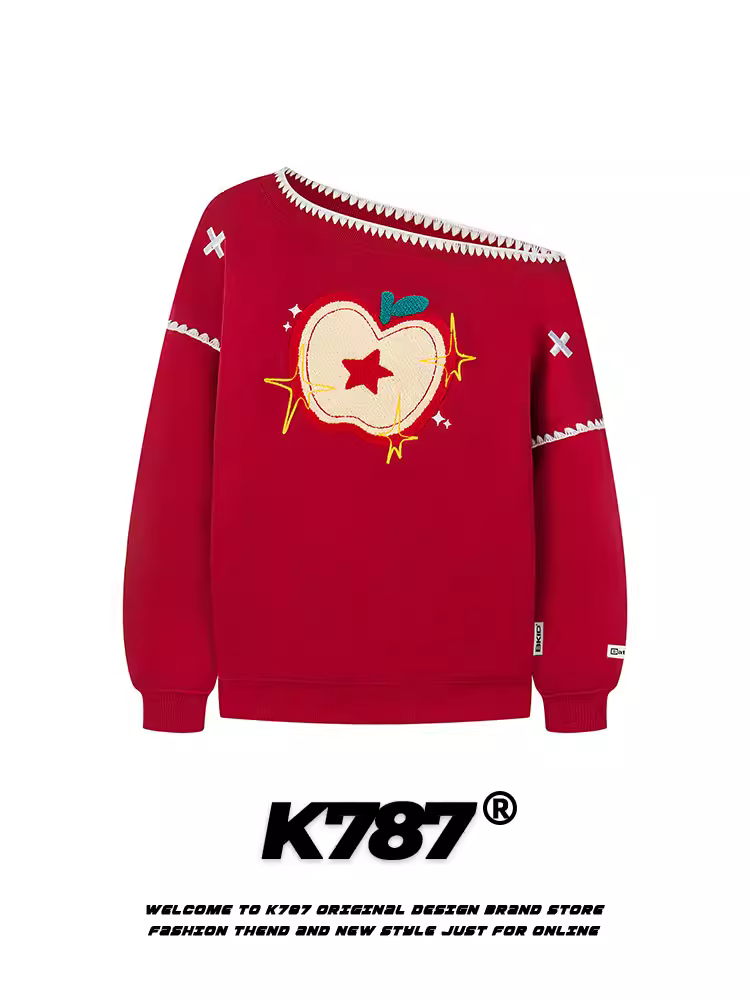 Áo len trễ vai thêu hình quả táo kiểu Mỹ cổ điển K787 dành cho nữ, phong cách gợi cảm và thoải mái, áo ngắn dáng rộng, phong cách giản dị