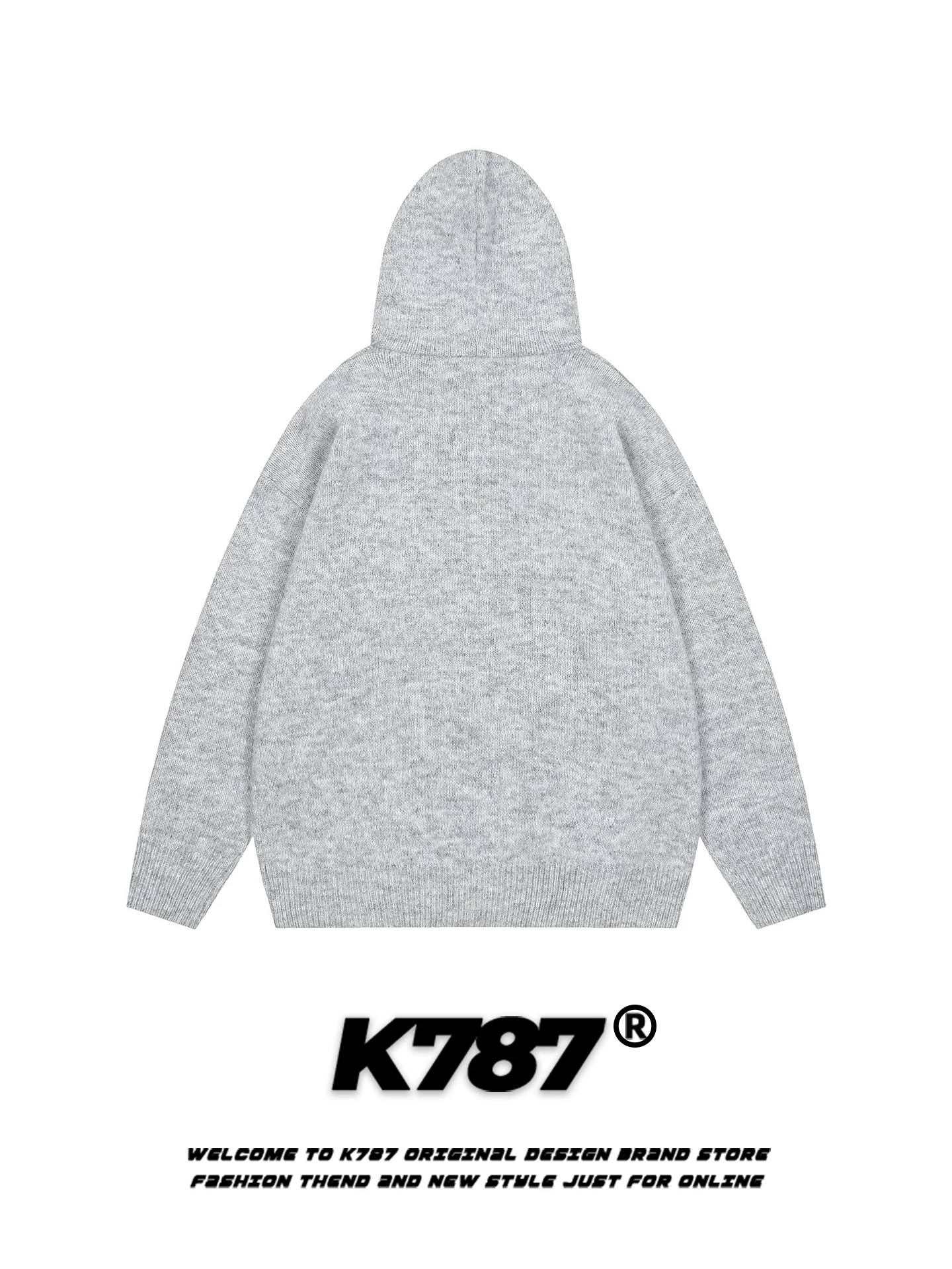 Áo khoác cardigan có mũ thêu chữ kiểu Mỹ cổ điển K787 dành cho nữ, kiểu dáng rộng rãi và thoải mái, mùa thu đông, màu xám, chất liệu len dệt kim