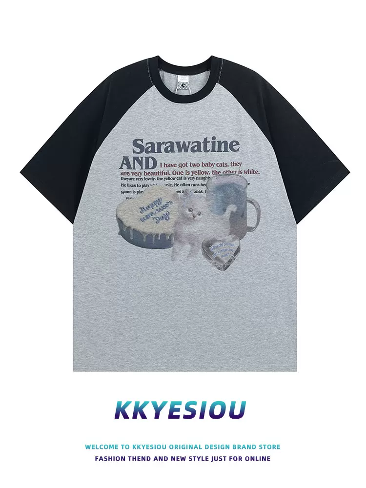 Áo thun ngắn tay màu đỏ hồng kiểu raglan cổ điển của Mỹ KKyesiou dành cho nam và nữ áo đôi cotton nguyên chất cỡ lớn