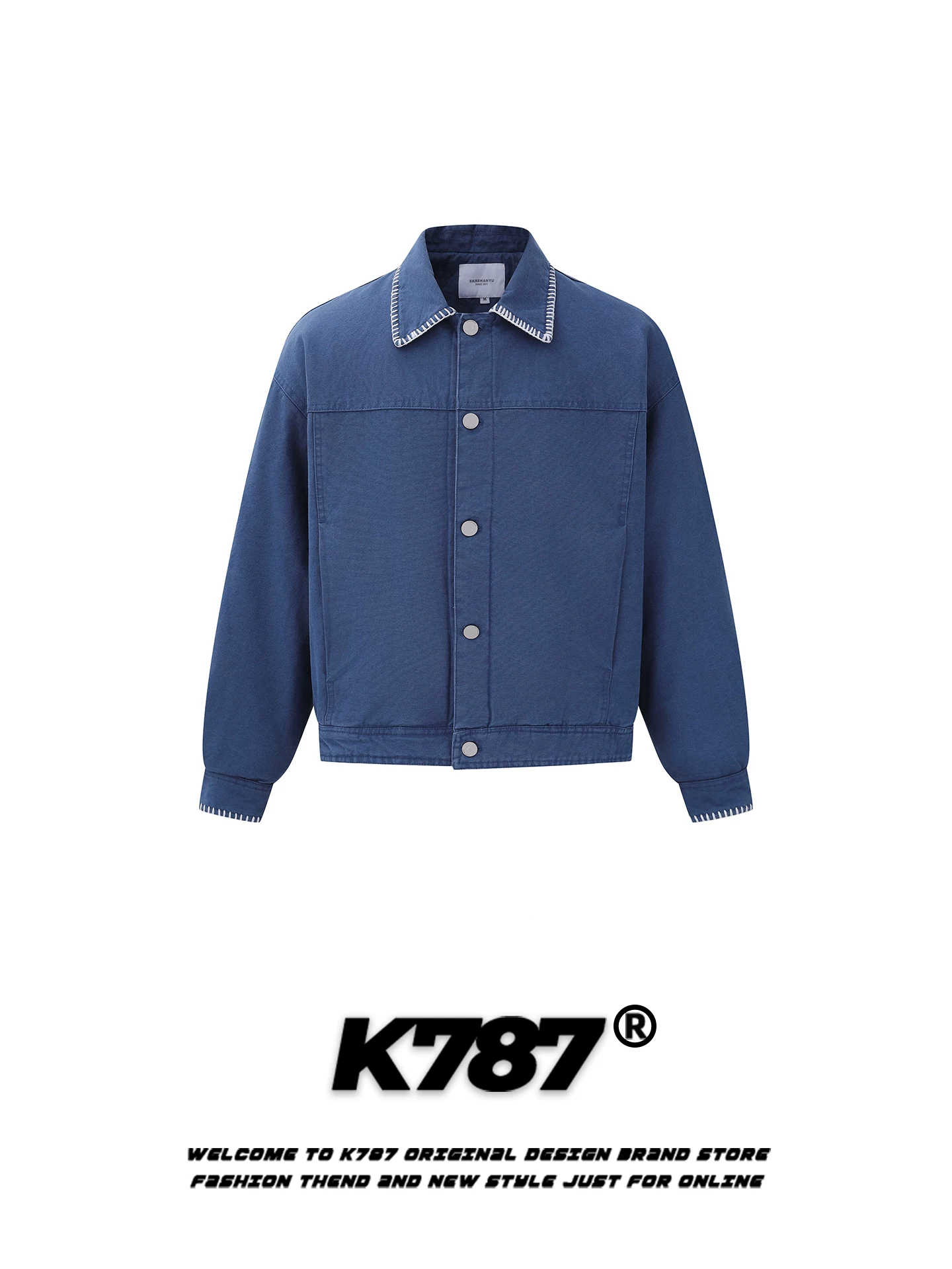 Áo khoác cotton kiểu cổ điển Mỹ K787, phối chỉ xanh, dành cho nam và nữ, dáng rộng, lót bông ấm áp, áo khoác đôi mùa đông.