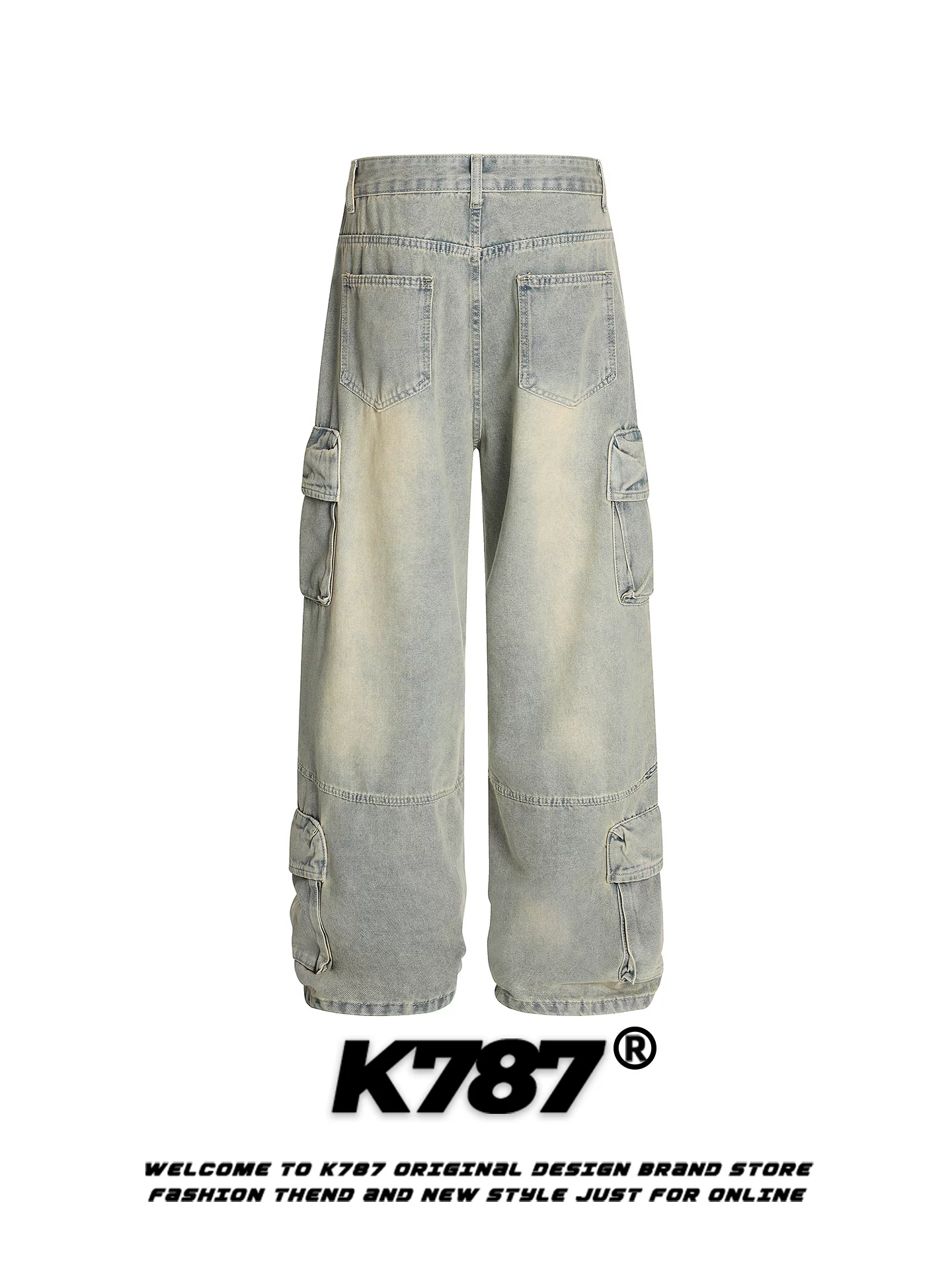 Quần jeans unisex K787 kiểu Mỹ cổ điển, xước, rách, nhiều túi, dáng thẳng, ống rộng, cạp cao, phong cách đường phố