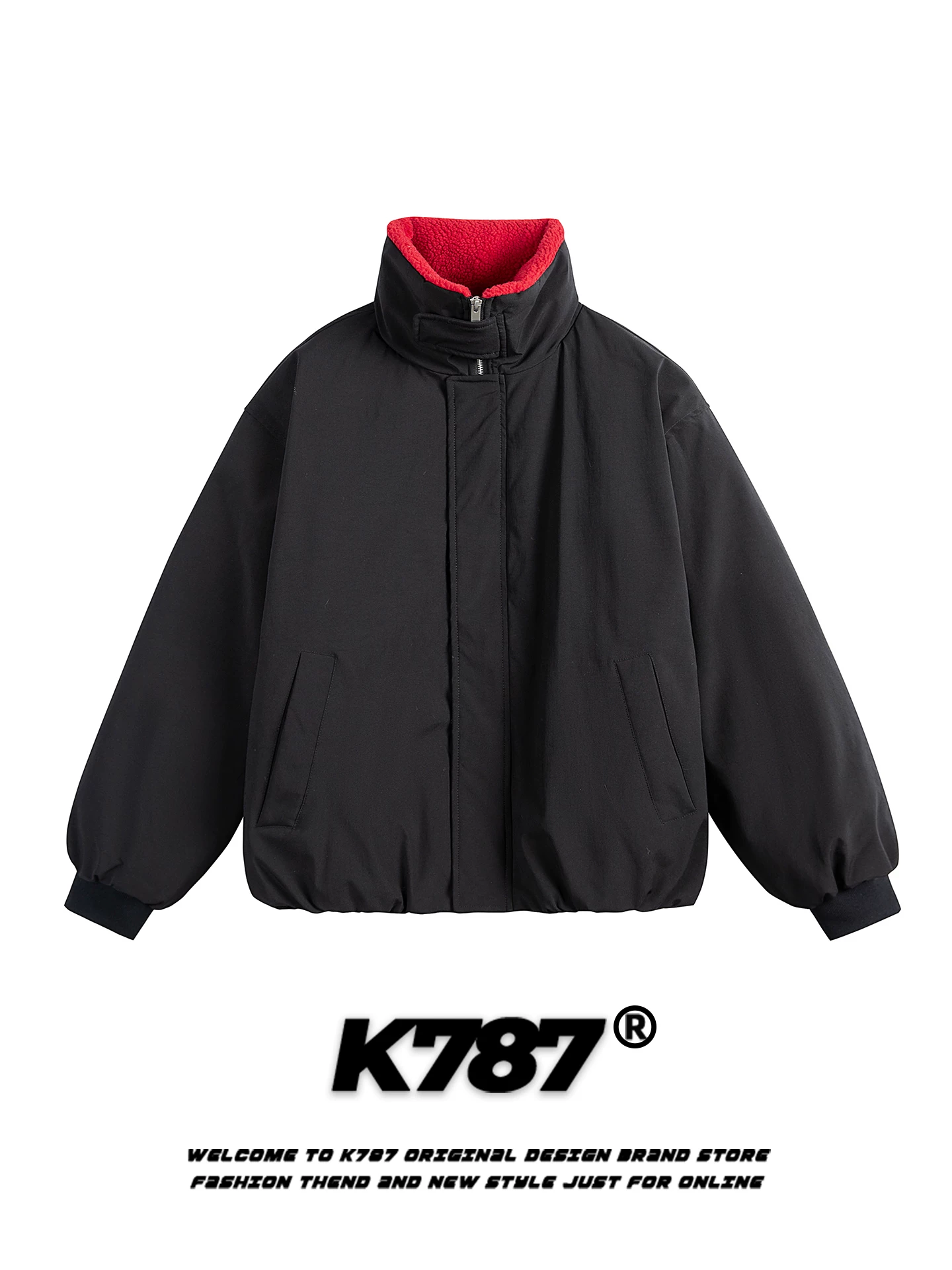 Áo khoác cotton cổ đứng phối len cừu kiểu Mỹ cổ điển K787 dành cho nam và nữ, áo khoác cotton dày dặn màu trơn theo xu hướng quốc gia, giữ ấm mùa đông.