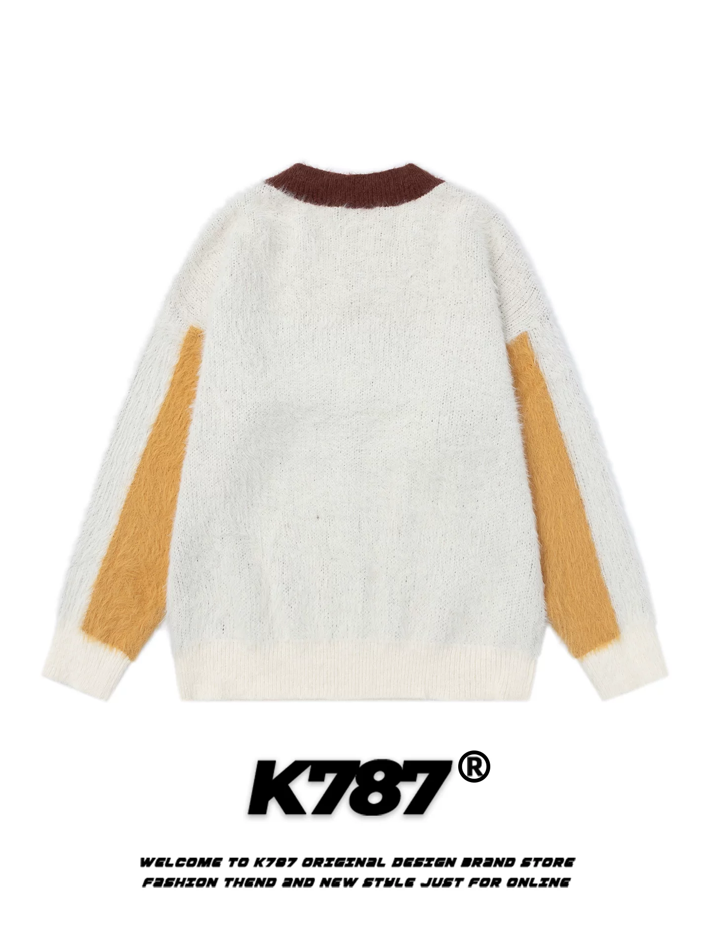 K787 Áo len cổ chữ V hai tông màu cổ điển của Mỹ unisex phong cách áo thể thao dáng rộng áo thun giản dị dành cho cặp đôi hàng dệt kim