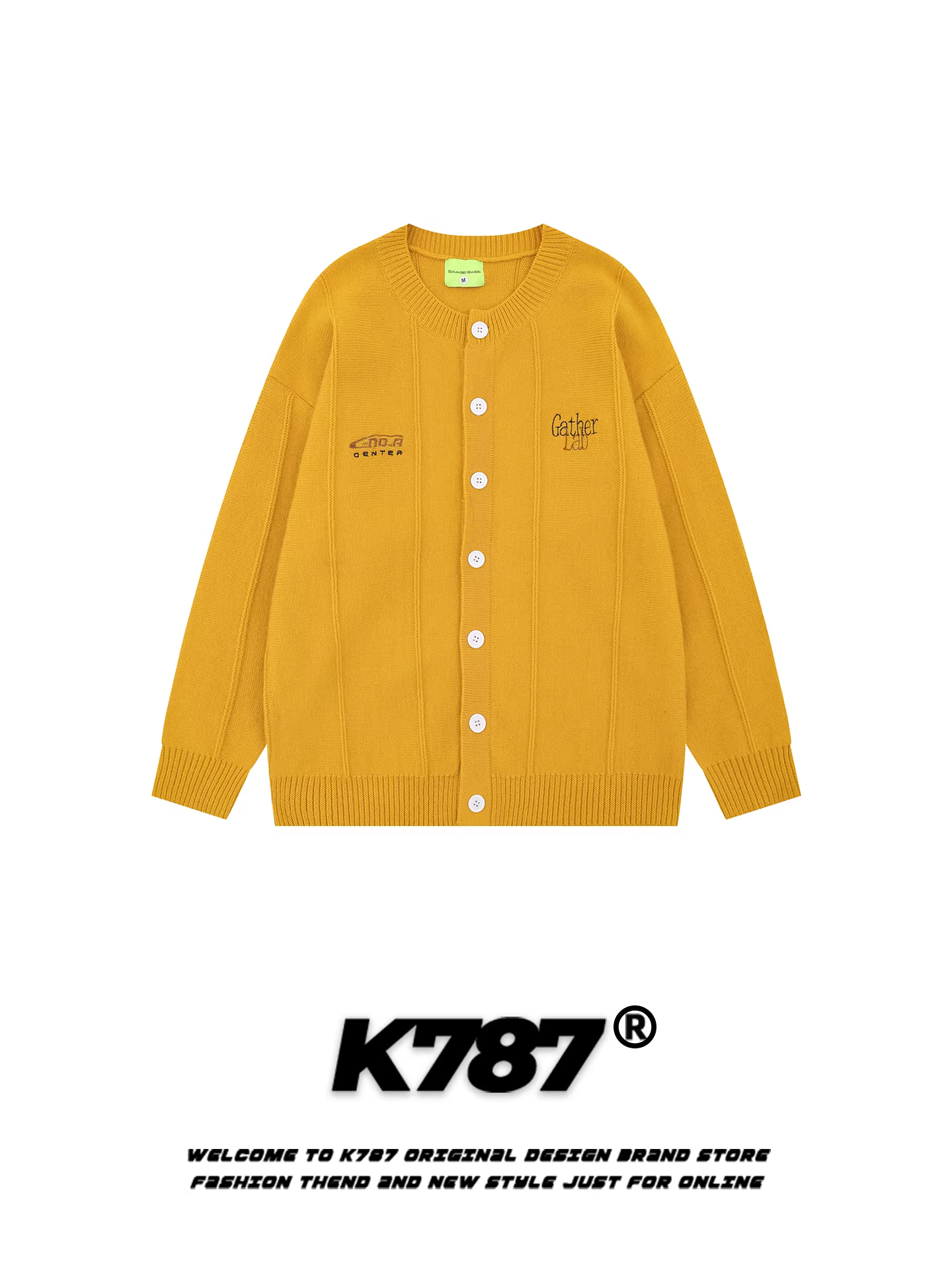 Áo cardigan len dệt kim dáng rộng ấm áp màu nghệ tây, cổ tròn, thêu chữ kiểu Mỹ, unisex, thời trang, mã K787