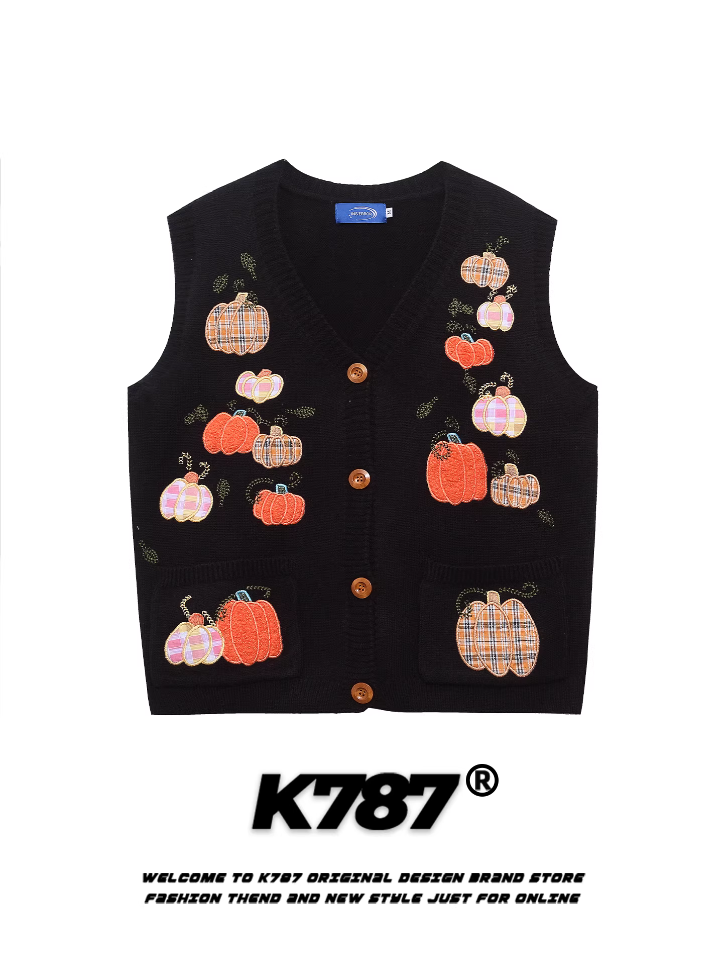 Áo cardigan thêu hình bí ngô cổ chữ V phong cách retro Mỹ K787 dành cho nam và nữ, áo khoác dệt kim nhiều lớp rộng rãi và ấm áp