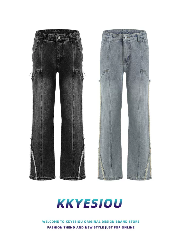 Quần jeans unisex dáng thẳng, cạp cao, phối vải, phong cách đường phố hip-hop, chất liệu thô, kiểu dáng retro thời thượng của thương hiệu KKyesiou Mỹ.