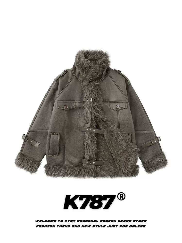 Áo khoác da lộn dày có cổ lông kiểu Chanel K787 dành cho nam và nữ, áo khoác cotton đệm theo xu hướng quốc gia cổ điển của Mỹ.