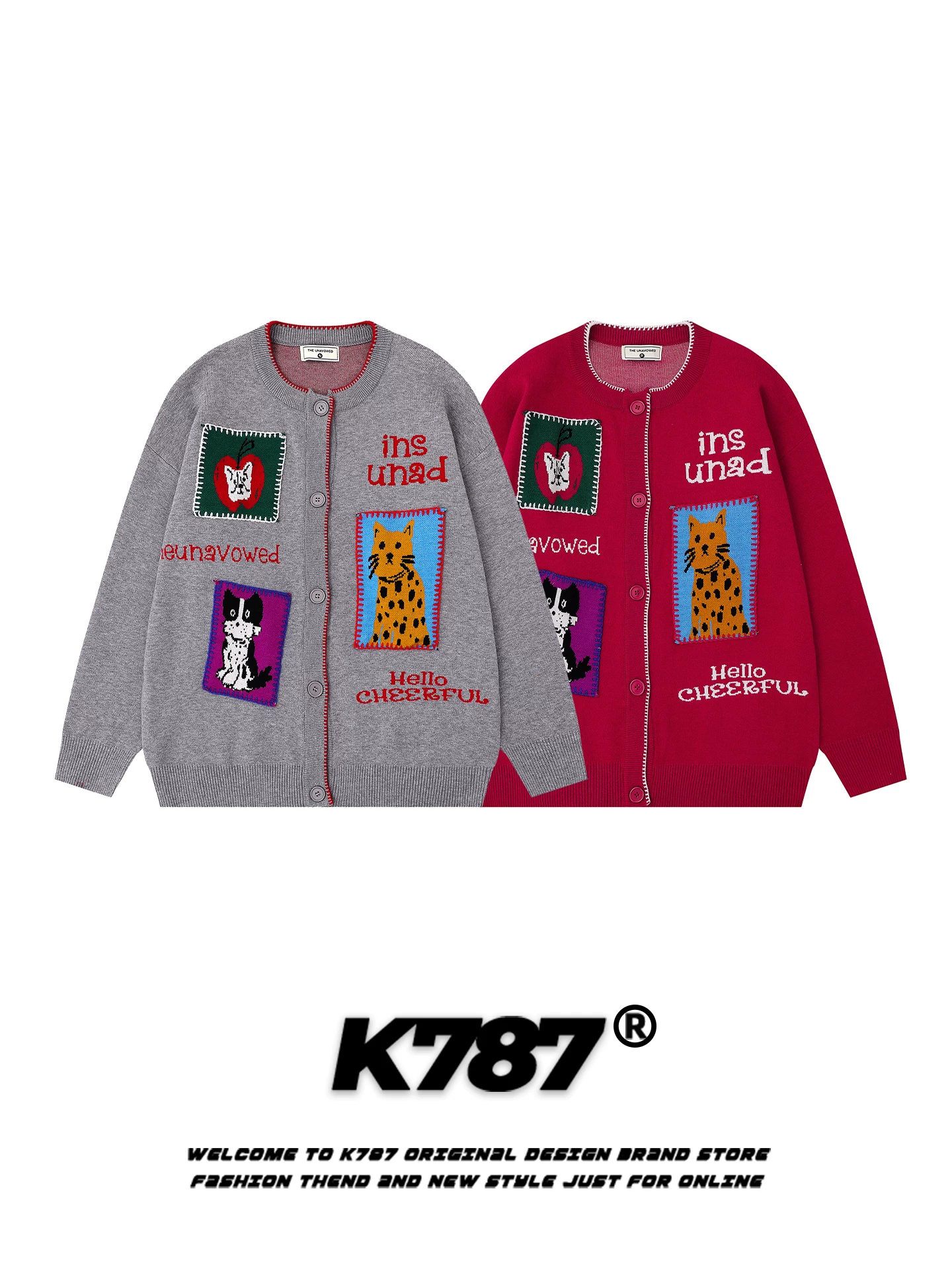 Áo len cardigan mèo cổ điển kiểu Mỹ K787 dành cho nam và nữ, kiểu dáng rộng rãi và thoải mái, áo khoác dệt kim màu đỏ dành cho cặp đôi