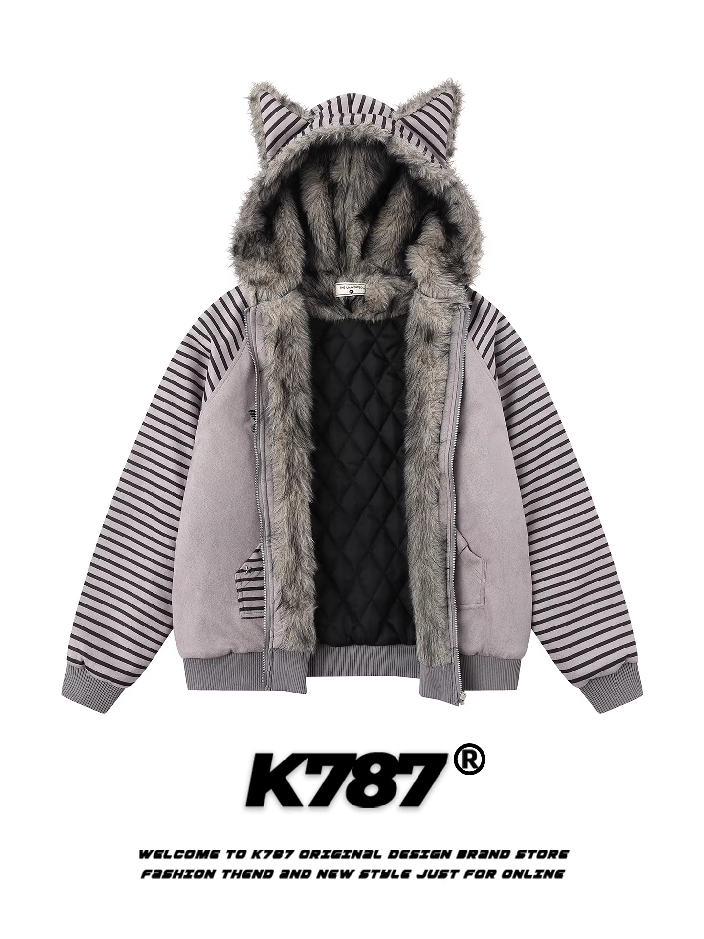 Áo khoác cotton có mũ trùm đầu hình tai mèo sọc cổ điển kiểu Mỹ K787 dành cho nam và nữ, áo khoác cardigan cotton dày dặn và ấm áp dành cho cặp đôi.