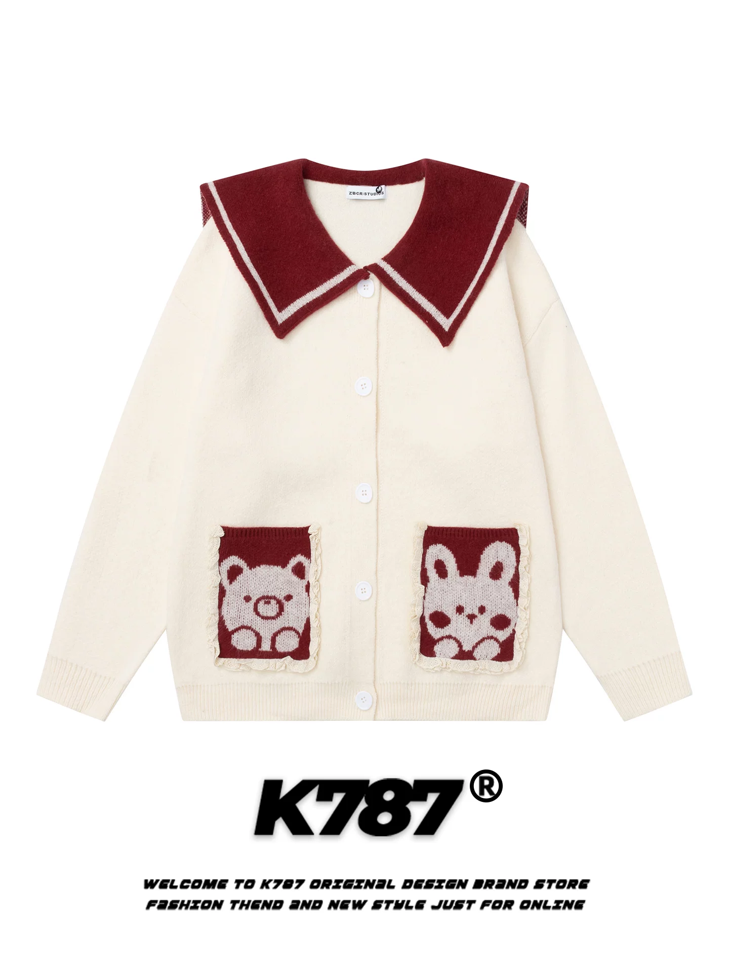 Áo len cổ thủy thủ hình gấu và thỏ phong cách đường phố Mỹ K787 dành cho nữ, áo cardigan dệt kim dáng rộng, phong cách học sinh, thoải mái cho mùa thu.