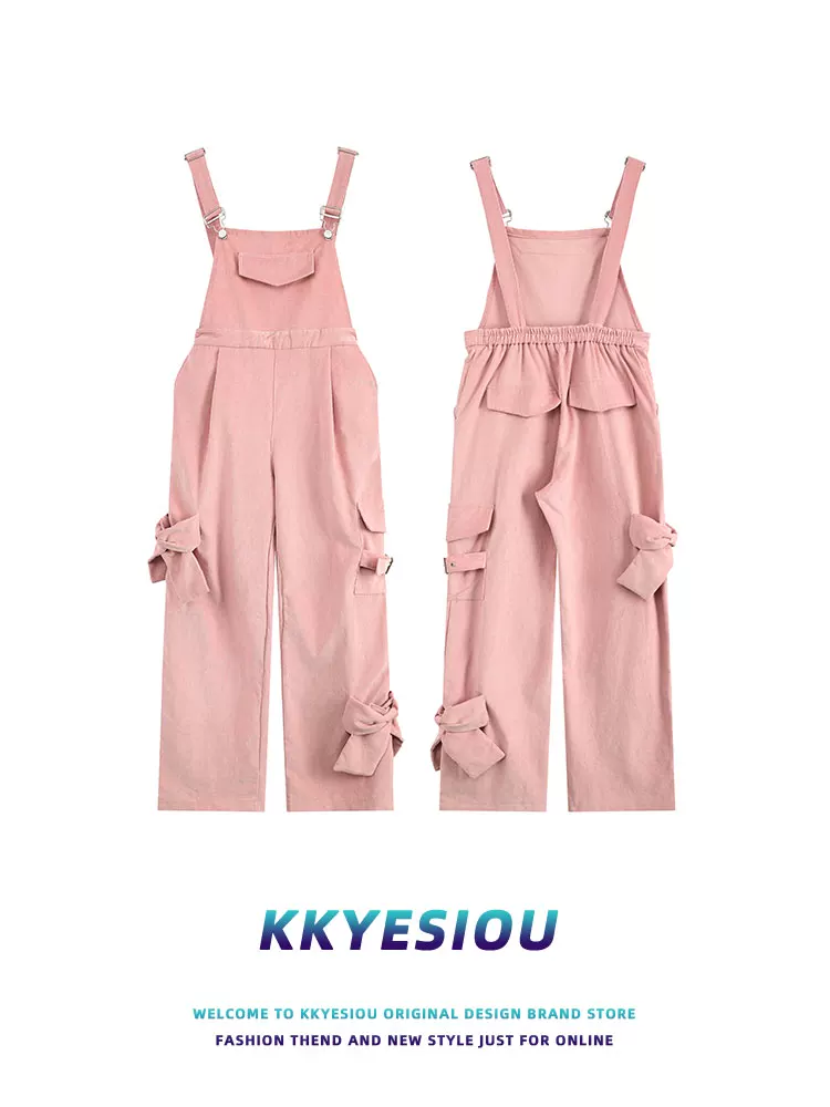 KKyesiou quần yếm có dây buộc phong cách preppy unisex màu hồng dễ thương dopamine mùa hè