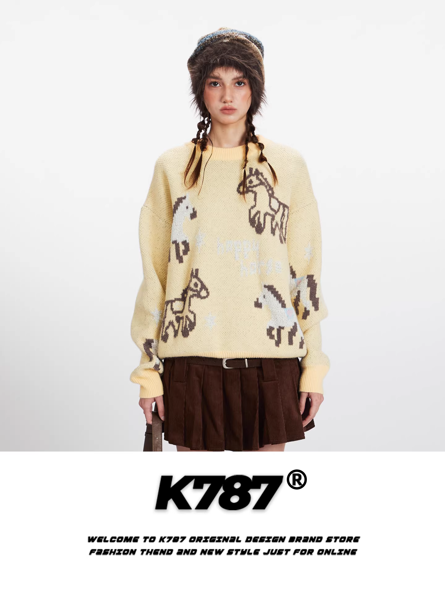 Áo len cổ tròn hình ngựa hoạt hình cổ điển Mỹ K787 dành cho nam và nữ, dáng rộng, giảm tuổi tác, phong cách giản dị, áo len chui đầu kiểu lười biếng