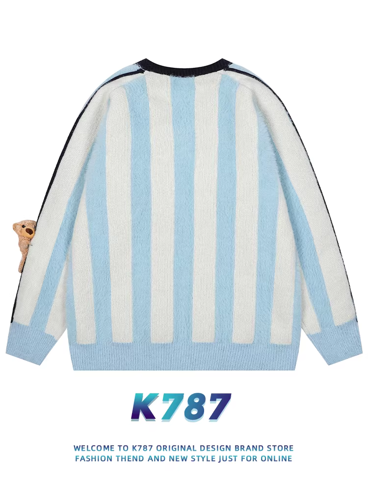 Áo len thể thao cổ V phong cách retro Mỹ K787, kiểu học sinh, unisex, phong cách blokecore, họa tiết gấu bông