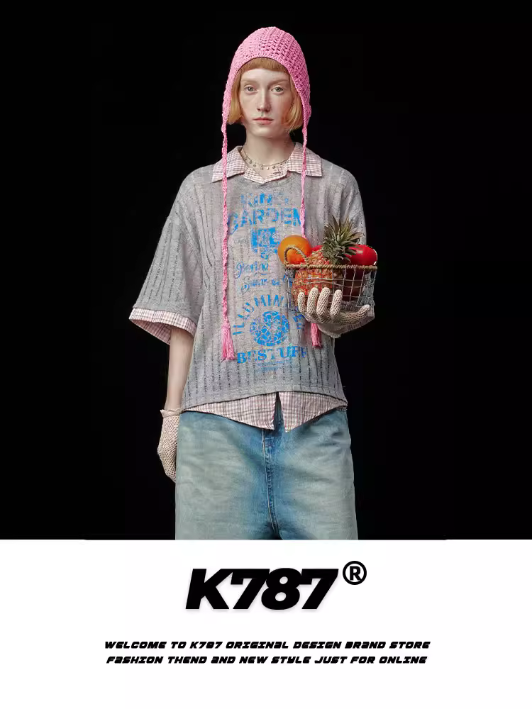 K787 Áo sơ mi POLO giả hai mảnh kiểu cổ điển kiểu Mỹ dành cho nam và nữ, áo thun ngắn tay in họa tiết phong cách đại học