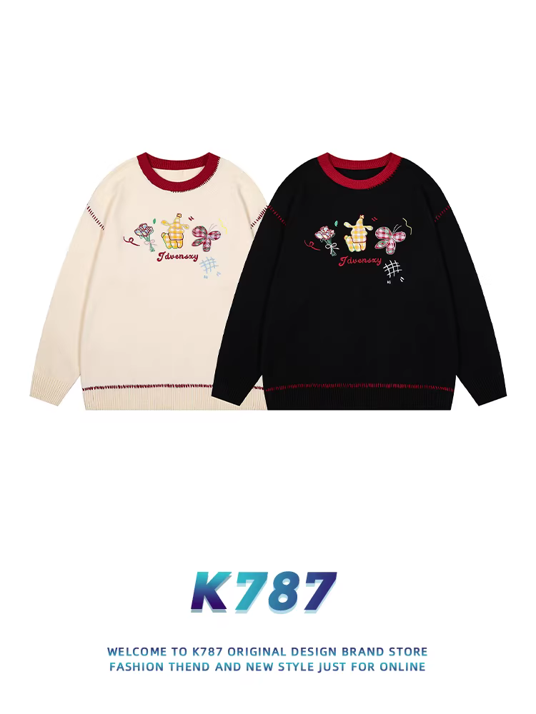 K787 Áo len thêu phong cách retro đại học kiểu Mỹ dành cho nam và nữ, áo len đôi phối màu phong cách Nhật Bản