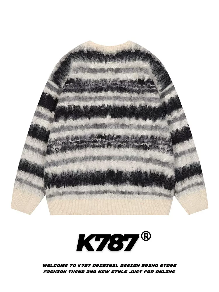 Áo len dệt kim sọc dày phong cách lười biếng unisex K787 chất liệu mohair, kiểu dáng retro Mỹ, xu hướng mùa đông 2024, thương hiệu thời trang, áo đôi