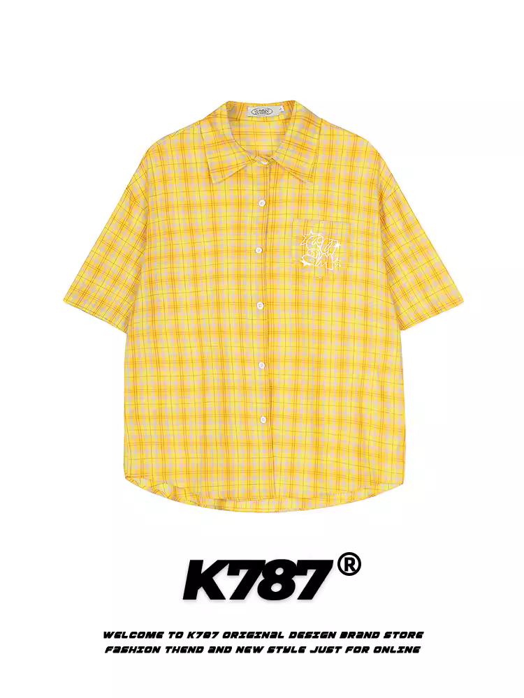 Áo sơ mi ngắn tay kẻ sọc thêu chữ cổ điển Mỹ K787 dành cho nam và nữ, áo cardigan nửa tay dáng rộng phong cách đường phố, đa năng