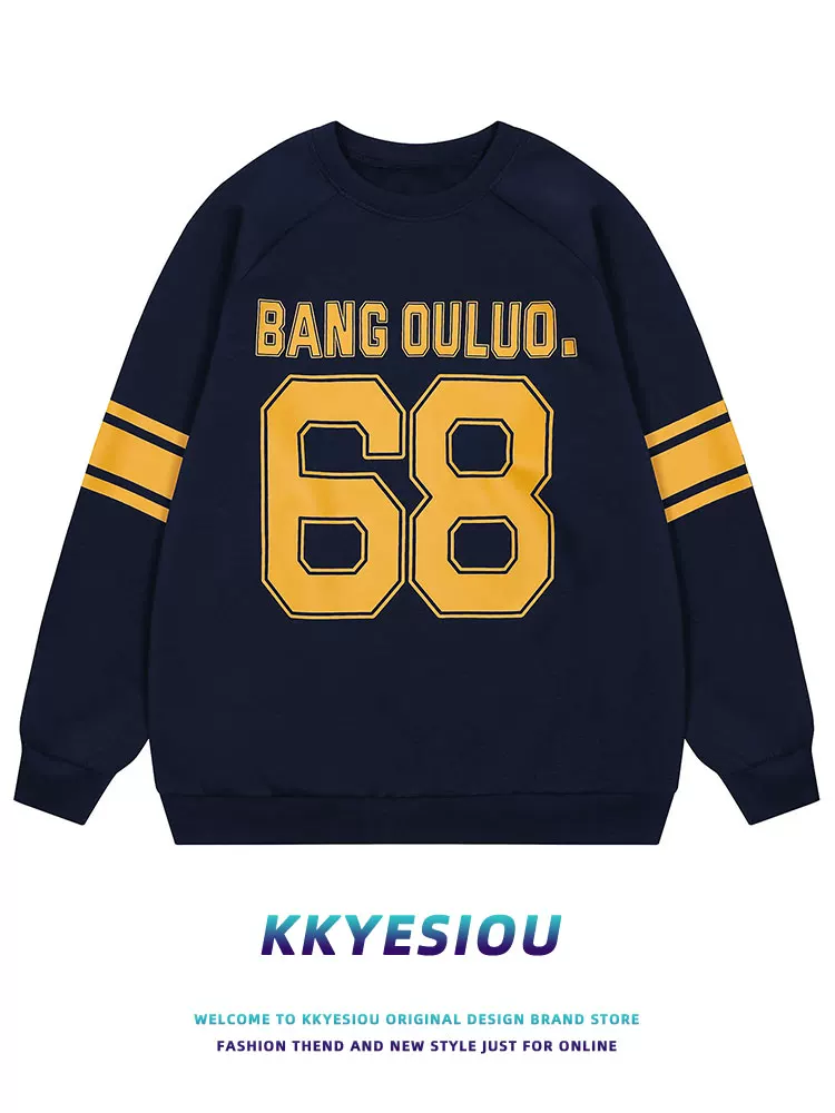 KKyesiou Mỹ retro hợp thời trang thương hiệu 68 chữ cái thể thao cặp đôi áo unisex áo thun dài tay quá khổ mùa thu