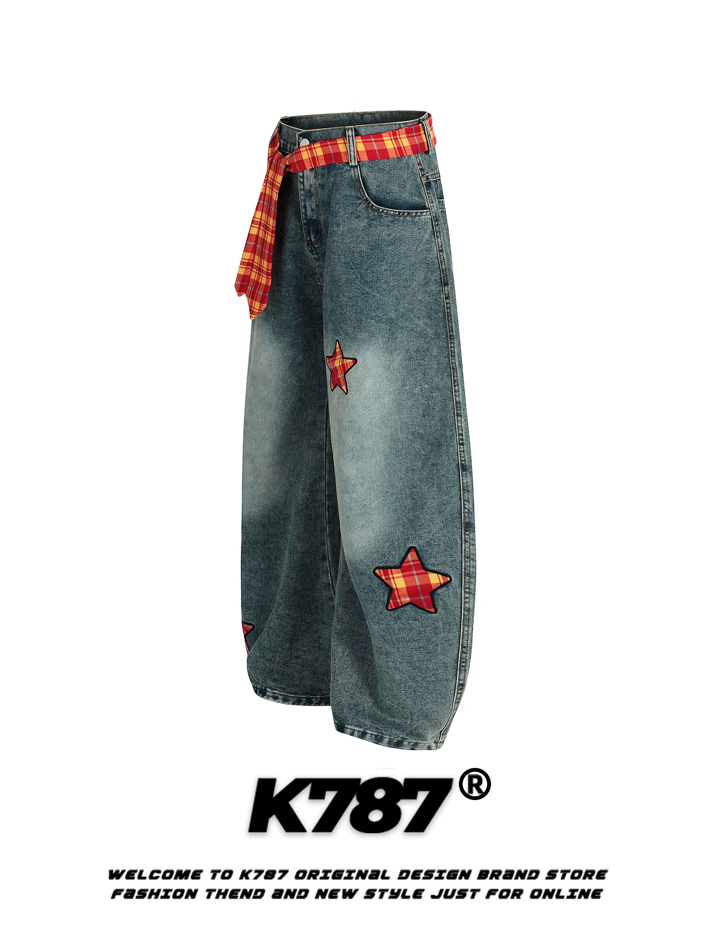Quần jeans unisex dáng rộng thùng thình phong cách hip-hop cao cấp, họa tiết kẻ caro phối vải thêu, kiểu dáng sao Mỹ K787