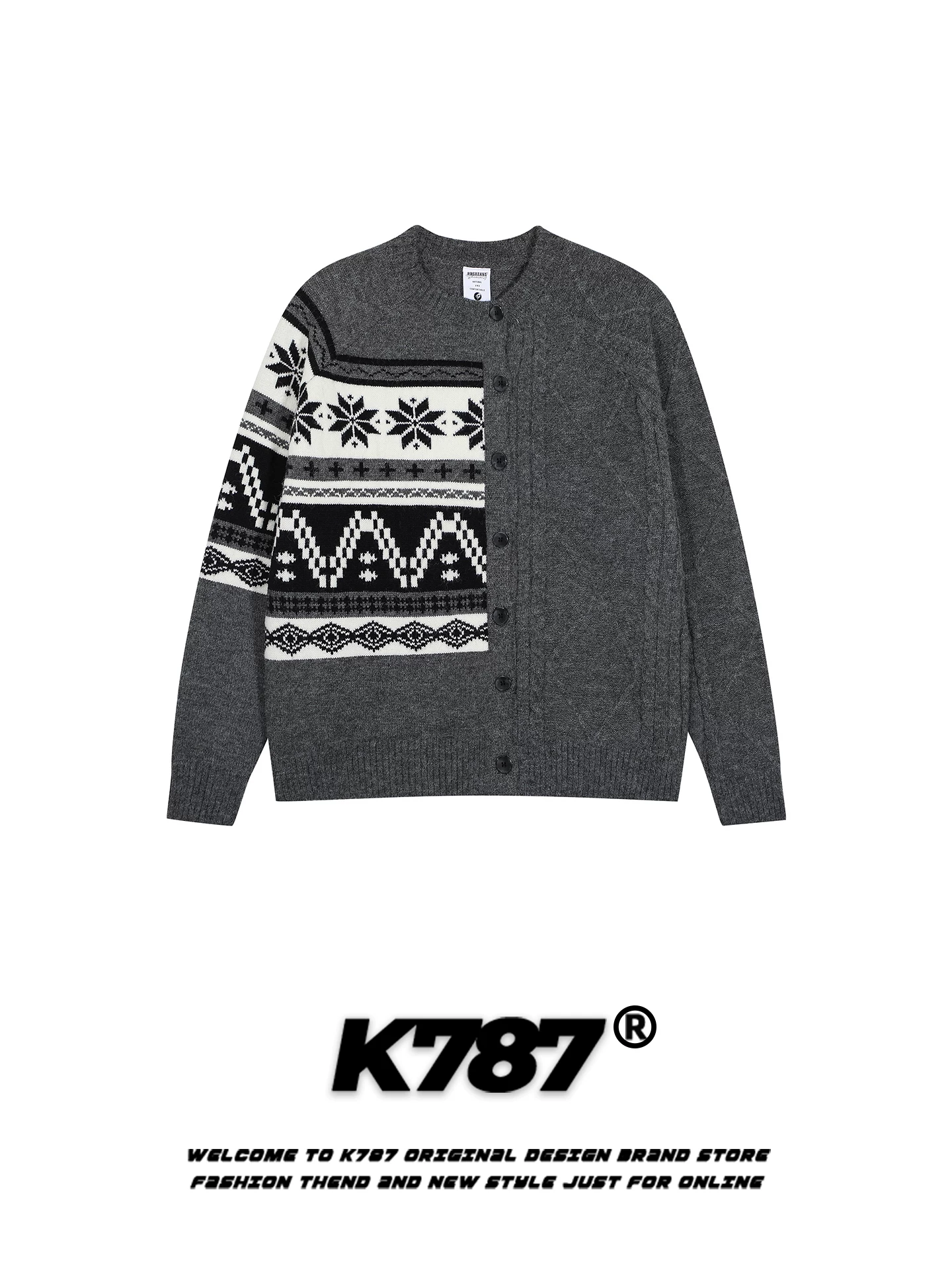 Áo cardigan dệt kim họa tiết bông tuyết cổ điển Mỹ K787 dành cho nam và nữ, áo khoác len ấm áp phong cách Fair Isle mùa thu đông