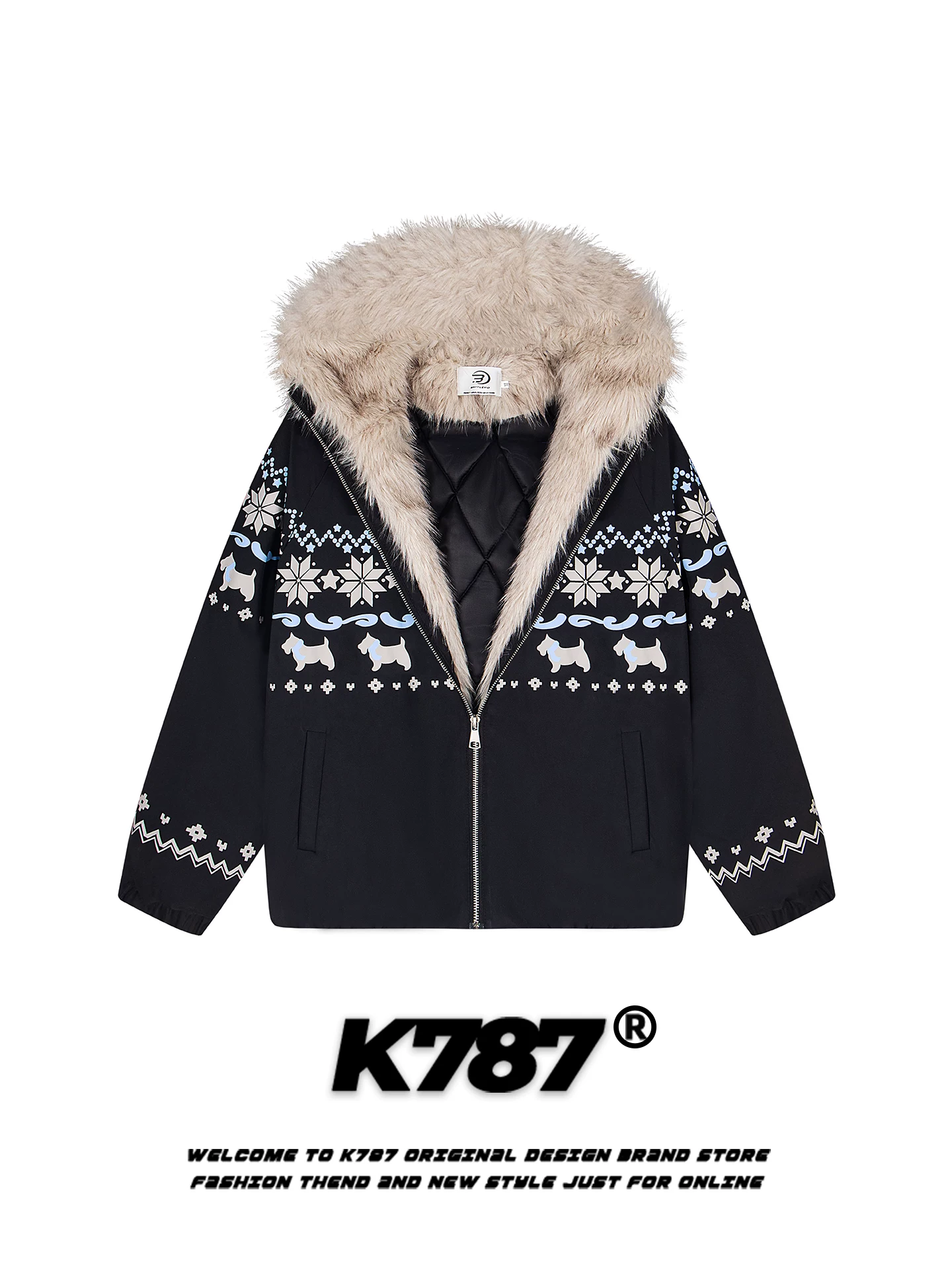 K787 Áo khoác cotton có mũ trùm đầu kiểu cổ điển Mỹ Fair Isle dành cho nam và nữ, dáng rộng, ấm áp và dày dặn, quần áo cotton mùa đông dành cho cặp đôi.