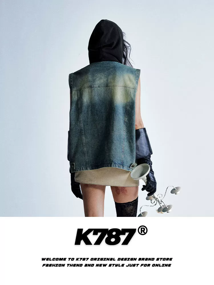 Áo khoác denim có mũ trùm đầu nhiều túi kiểu Mỹ cổ điển K787, unisex, thời trang, kiểu dáng nhiều lớp, áo khoác ngắn, phong cách công sở