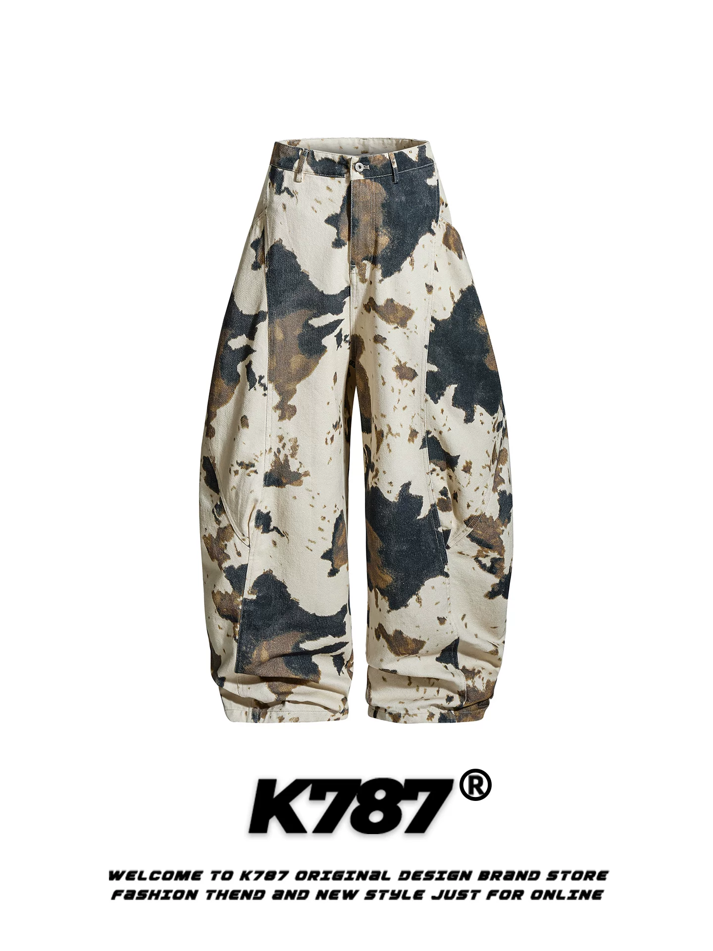 Quần jeans K787 kiểu Mỹ cổ điển, nhuộm tie-dye, dáng scimitar, unisex, xu hướng quốc dân, rộng rãi, thoải mái, cạp cao, ống rộng, kiểu cargo